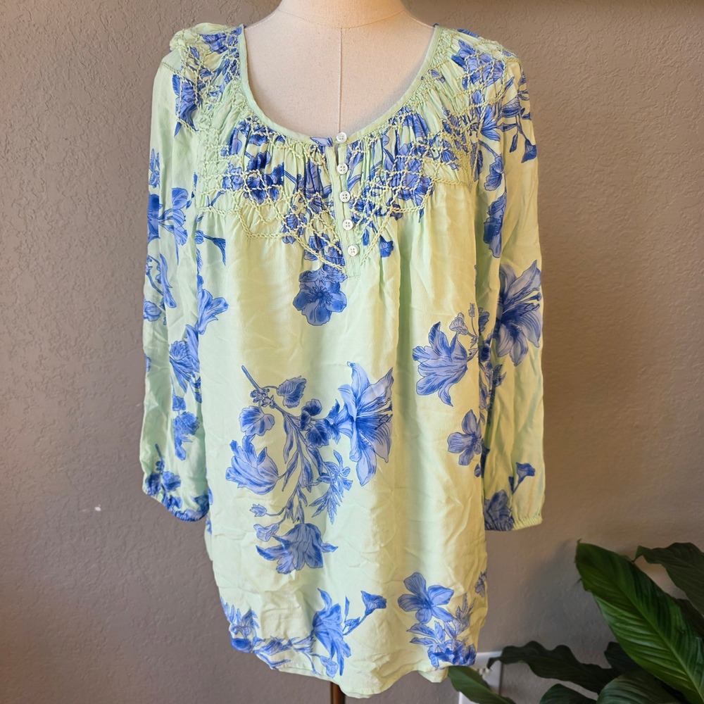 Talbots Floral Print Blouse Top Lattice Detail Long Sleeve Cottage Womens L‎
